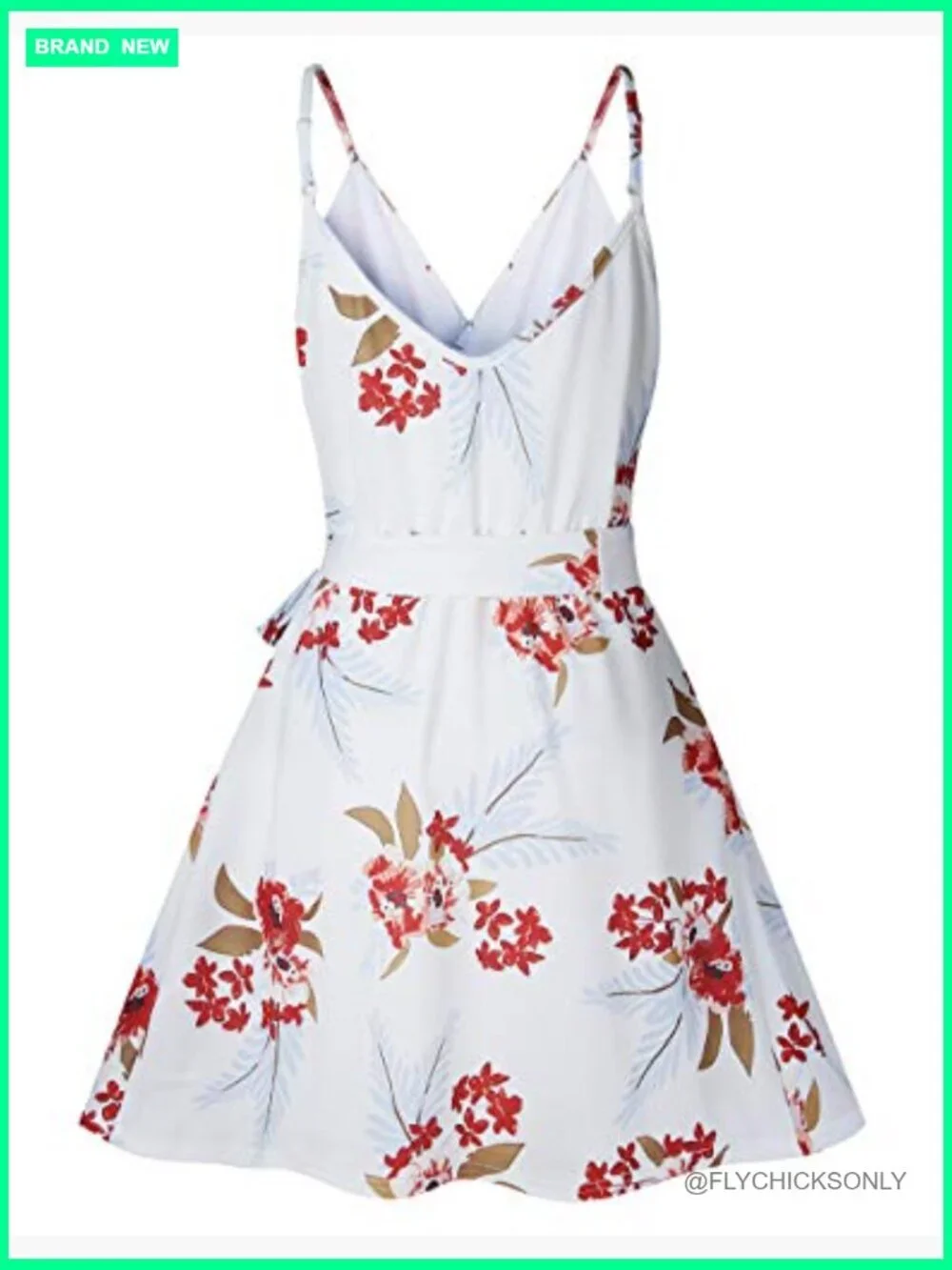 V Neck Mini Floral Print Swing Dress Sleeveless Spaghetti Strap with Belt